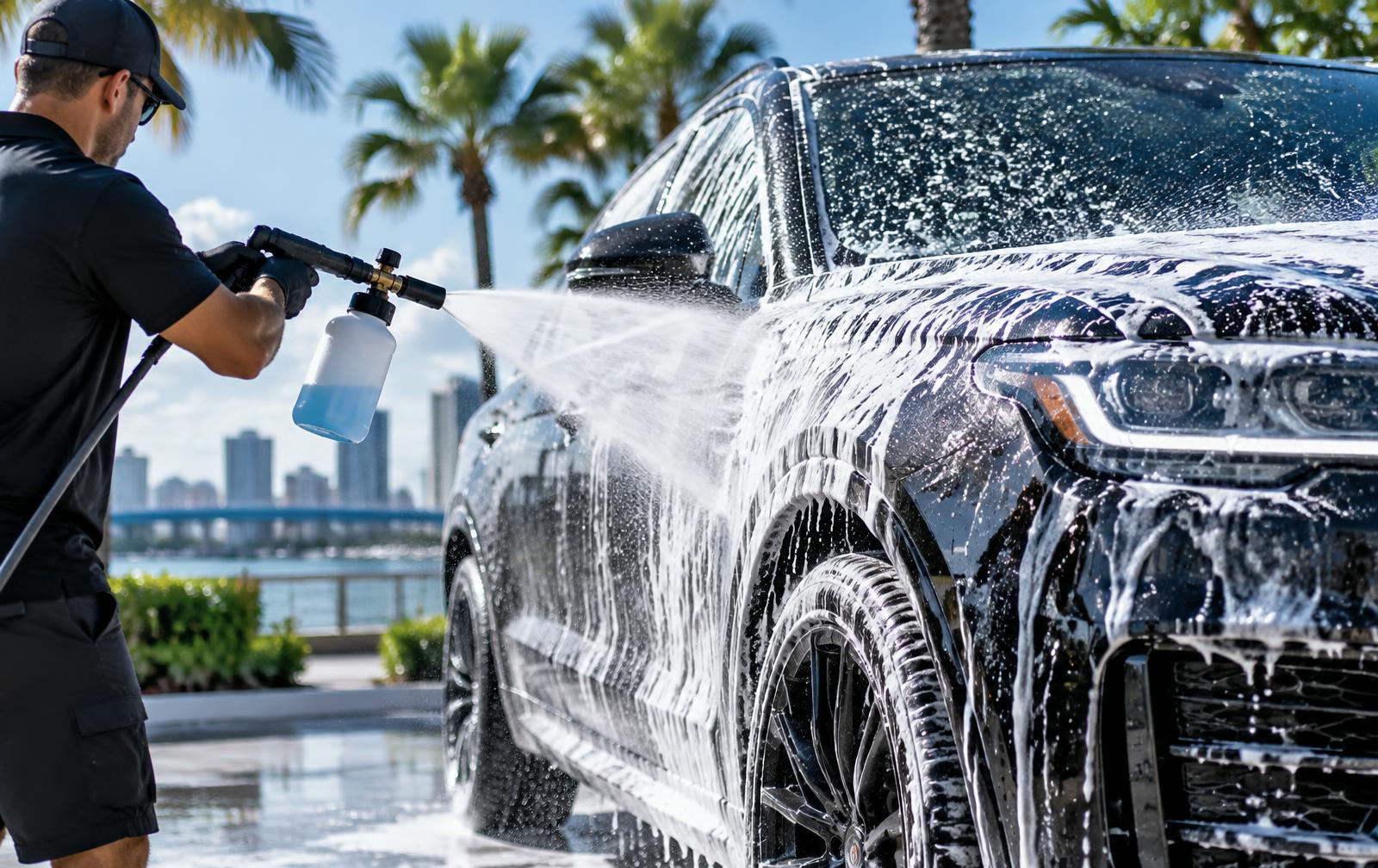 Mobile detailer applying foam to a vehicle